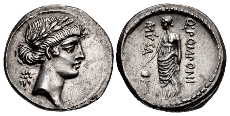 Q. Pomponius Musa. 56 BC. AR Denarius (18mm, 3.89 g, 2h). Rome mint. Laureate he...