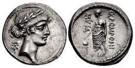 Q. Pomponius Musa. 56 BC. AR Denarius (18mm, 3.89 g, 2h). Rome mint.