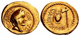 The Caesarians. Julius Caesar. Early 46 BC. AV Aureus (20.5mm, 8.03 g, 5h). Rome mint; A. Hirtius, praetor.