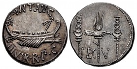 The Triumvirs. Mark Antony. Autumn 32-spring 31 BC. AR Denarius (17mm, 3.66 g, 6h). Legionary type. Patrae(?) mint.