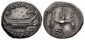 The Triumvirs. Mark Antony. Autumn 32-spring 31 BC. AR Denarius (17mm, 3.65 g, 6h). Legionary type. Patrae(?) mint.