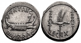 The Triumvirs. Mark Antony. Autumn 32-spring 31 BC. AR Denarius (17mm, 3.77 g, 5h). Legionary type. Patrae(?) mint.