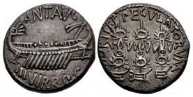 The Triumvirs. Mark Antony. Autumn 32-spring 31 BC. AR Denarius (155mm, 3.68 g, 6h). Legionary type. Patrae(?) mint.