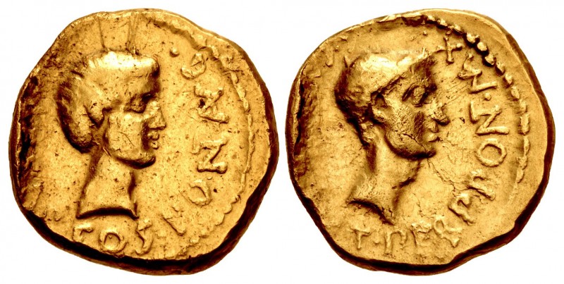 The Triumvirs. Octavian and Julius Caesar. August 43 BC. AV Aureus (16.5mm, 7.90...