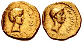 The Triumvirs. Octavian and Julius Caesar. August 43 BC. AV Aureus (16.5mm, 7.90 g, 6h). Military mint travelling with Octavian in Italy.