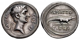 The Triumvirs. Octavian. 28 BC. AR Denarius (20mm, 3.88 g, 6h). Uncertain mint, perhaps in Cyrenaica(?).