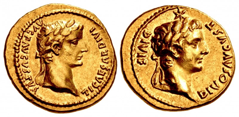 Tiberius, with Divus Augustus. AD 14-37. AV Aureus (19mm, 7.67 g, 4h). Lugdunum ...