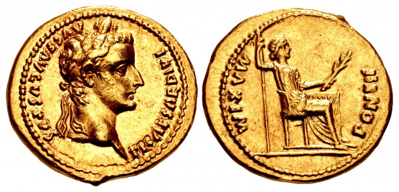 Tiberius. AD 14-37. AV Aureus (20mm, 7.75 g, 5h). “Tribute Penny” type. Lugdunum...