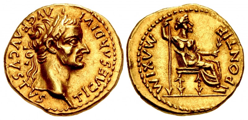 Tiberius. AD 14-37. AV Aureus (19.5mm, 7.68 g, 6h). “Tribute Penny” type. Lugdun...