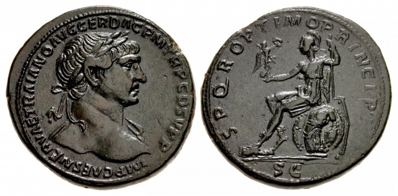 Trajan. AD 98-117. Æ Sestertius (33mm, 26.59 g, 6h). Rome mint. Struck circa AD ...