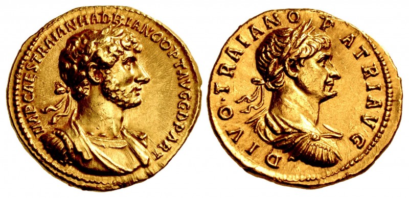 Hadrian, with Divus Trajan. AD 117-138. AV Aureus (19.5mm, 7.42 g, 6h). Rome min...