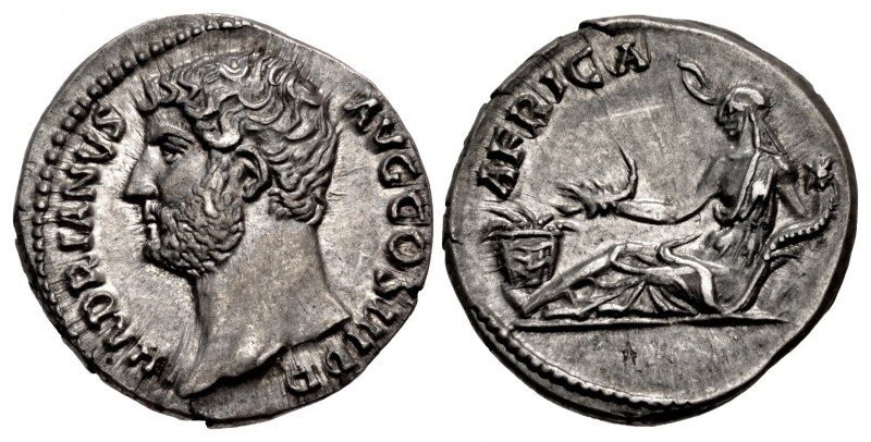 Hadrian. AD 117-138. AR Denarius (17mm, 3.44 g, 6h). “Travel series” issue. Rome...