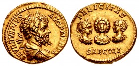 Septimius Severus, with Julia Domna, Caracalla, and Geta. AD 193-211. AV Aureus (19.5mm, 7.19 g, 6h). Rome mint. Struck AD 202.