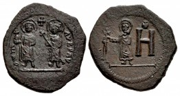 Maurice Tiberius, with Constantina and Theodosius. 582-602. Æ 8 Pentanummia – Follis (30mm, 13.09 g, 7h). Cherson mint.