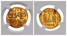 Constans II, with Constantine IV, Heraclius, and Tiberius. 641-668. AV Solidus (19mm, 4.39 g, 7h). Constantinople mint, 8th officina. Struck 662-667.