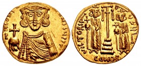 Constantine IV Pogonatus, with Heraclius and Tiberius. 668-685. AV Solidus (19.5mm, 4.02 g, 7h). Light weight isue of 22 siliquae. Syracuse mint. Stru...