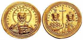 Basil II Bulgaroktonos, with Constantine VIII. 976-1025. AV Solidus (25mm, 4.42 g, 6h). Constantinople mint. Struck 1005-1025.
