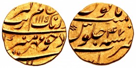 INDIA, Mughal Empire. Muhyi al-Din Muhammad Aurangzeb Alamgir. AH 1068-1118 / AD 1658-1707. AV Mohur (21mm, 11.07 g, 5h). Burhanpur mint. Dually dated...