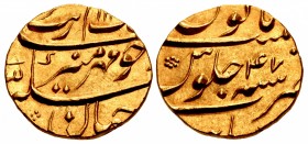 INDIA, Mughal Empire. Muhyi al-Din Muhammad Aurangzeb Alamgir. AH 1068-1118 / AD 1658-1707. AV Mohur (22mm, 11.05 g, 11h). Burhanpur mint. Dually date...