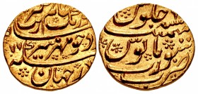 INDIA, Mughal Empire. Muhyi al-Din Muhammad Aurangzeb Alamgir. AH 1068-1118 / AD 1658-1707. AV Mohur (22mm, 11.05 g, 8h). Surat mint. Dually dated AH ...