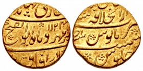 INDIA, Mughal Empire. Mu'izz al-Din Jahandar Shah. AH 1124 / AD 1712-1713. AV Mohur (21mm, 10.91 g, 6h). Dar al-Khalifat Shahjahanabad mint. Dually da...