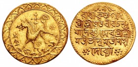 INDIA, Princely States. Tripura. Vira Chandra Manikya. SE 1791-1821 / AD 1869-1909. AV Mohur (27mm, 11.15 g, 6h). Citing Queen Bhanumati. Dated SE 179...