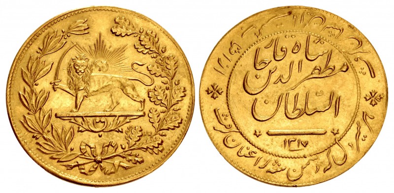 IRAN, Qajars. Muzzafar al-Din Shah. AH 1313-1324 / AD 1896-1907. AV 5 Tomans Med...