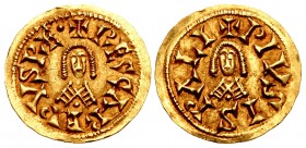 VISIGOTHS, Spain. Reccared I. 586-601. AV Tremissis (19mm, 1.45 g, 6h). Ispali (Seville) mint.