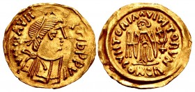 LOMBARDS, Pseudo-Imperial coinage. Circa 620-700. AV Tremissis (17mm, 1.44 g, 6h). Imitating a Ravenna mint issue of the Byzantine emperor Maurice Tib...