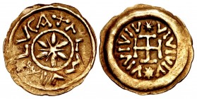 LOMBARDS, Tuscany. Municipal coinage. Circa 700-750. Pale AV Tremissis (16mm, 1.20 g, 3 or 9h). Lucca mint.