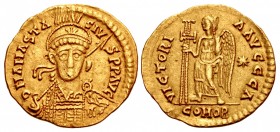 MEROVINGIANS, Pseudo-Imperial coinage. temp. Clovis I-Clotaire I. 481-560. AV Solidus (21mm, 4.40 g, 6h). In the name of Anastasius I. First phase, gr...