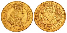POLAND, Monarchy. Jan II Kazimierz. 1648-1668. AV Dukat (24mm, 3.45 g, 12h). Gdansk (Danzig) mint; Gerard Rogge, mintmaster. Dated 1653 GR.