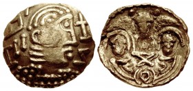 ANGLO-SAXON, Pale Gold Phase. Circa 645-665/70. Pale AV Thrymsa – Shilling (12mm, 1.21 g, 12h). ‘Two Emperors’ type. Mint in Kent(?).