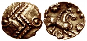 CELTIC, Cantii (?). Uninscribed. Circa 60-20 BC. AV Quarter Stater (11mm, 1.24 g). Finney’s Thunderbolt type. Uncertain mint in the North Thames area....