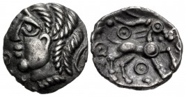 CELTIC, Trinovantes & Catuvellauni. Uninscribed. Circa 60-20 BC. AR Unit (14mm, 0.98 g, 10h). Whaddon Goat (Trinovantian E) type.