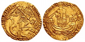 TUDOR. Henry VII. 1485-1509. AV Angel (28mm, 5.14 g, 5h). Type I. Tower (London) mint; im: lis over halved sun & rose/halved sun & rose. Struck 1485-1...