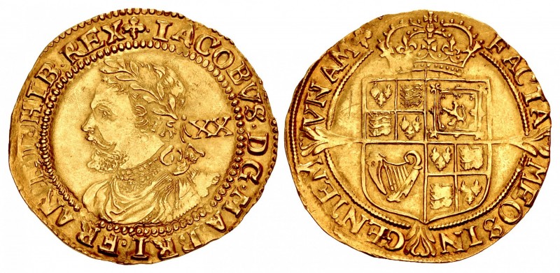 STUART. James I. 1603-1625. AV Laurel (34mm, 9.06 g, 8h). Third coinage, crown g...