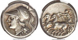 CAMPANIA. Cales. Ca. 265-240 BC. AR didrachm (19mm, 7.37 gm, 7h). NGC Choice XF S 4/5 - 4/5, Fine Style. Head of Athena left, wearing pendant earring,...