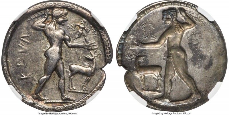 BRUTTIUM. Caulonia. Late 6th century BC. AR stater or nomos (30mm, 7.84 gm, 12h)...