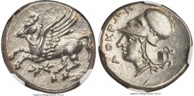 BRUTTIUM. Locris Epizephyroi. Ca. 350-275 BC. AR stater (22mm, 8.65 gm, 3h). NGC MS S 5/5 - 4/5. Pegasus with pointed wing flying left; thunderbolt be...