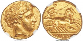 MACEDONIAN KINGDOM. Philip II (359-336 BC). AV stater (18mm, 8.60 gm, 5h). NGC MS 4/5 - 5/5. Late lifetime to early posthumous issue of Amphipolis, ca...