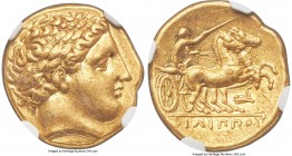 MACEDONIAN KINGDOM. Philip II (359-336 BC). AV stater (19mm, 8.63 gm, 7h). NGC AU 5/5 - 4/5. Posthumous issue of Pella, ca. 336-328 BC. Laureate head ...