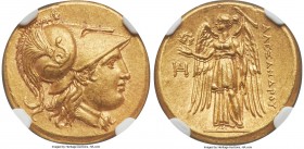 MACEDONIAN KINGDOM. Alexander III the Great (336-323 BC). AV stater (18mm, 8.53 gm, 12h). NGC Choice AU S 5/5 - 5/5, Fine Style. Lifetime issue of Mil...