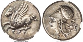 CORINTHIA. Corinth. Ca. 4th century BC. AR stater (21mm, 8.51 gm, 10h). NGC Choice AU S 5/5 - 5/5. Ca. 375-300 BC. Pegasus flying left; Ϙ below / Head...