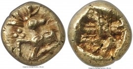 IONIA. Ephesus. Phanes (ca. 625-600 BC). EL 1/24 stater or myshemihecte (7mm, 0.58 gm). NGC Choice AU 5/5 - 4/5. Forepart of stag left, head reverted ...
