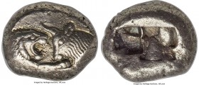 LYDIAN KINGDOM. Croesus (561-546 BC). AR stater (18mm, 10.66 gm). NGC Choice XF 4/5 - 4/5. Sardes, ca. 561-550 BC. Confronted foreparts of lion on lef...