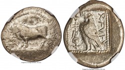 CYPRUS. Paphos. Stasandros (ca. 425-400 BC). AR stater (24mm, 10.83 gm, 3h). NGC MS 3/5 - 4/5. Bull standing left on beaded double line; winged solar ...