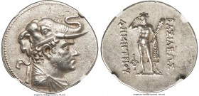 BACTRIAN KINGDOM. Demetrius I (ca. 200-185 BC). AR tetradrachm (34mm, 16.86 gm, 12h). NGC Choice XF 5/5 - 4/5, Fine Style. Diademed, draped bust of De...