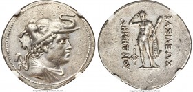 BACTRIAN KINGDOM. Demetrius I (ca. 200-185 BC). AR tetradrachm (35mm, 16.93 gm, 12h). NGC XF 5/5 - 3/5, Fine Style. Diademed, draped bust of Demetrius...