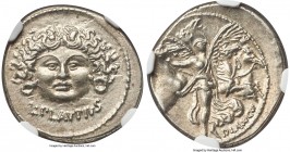 L. Plautius Plancus (ca. 47 BC). AR denarius (19mm, 3.90 gm, 7h). NGC Choice AU S 5/5 - 5/5. L•PLAVTIVS, head of Medusa facing, coiled snake on either...